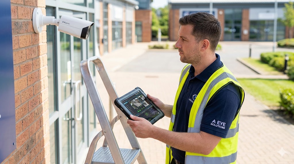 A Eye Solutions engineer with tablet inspecting a CCTV camera during maintenance visit